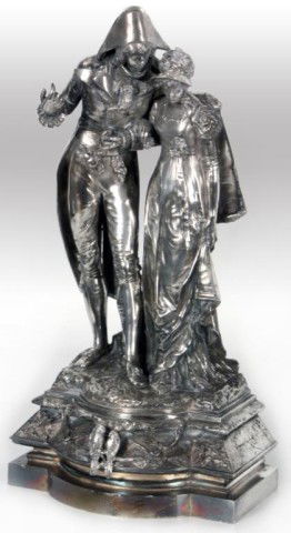 La Louette Silvered Bronze Love Birds: La Louette Silvered Bronze Love Birds. The grouping shows a French gentleman and a young woman standing side by side, molded in the base is a small pair of lovebirds; signed La Louette, has a silver f