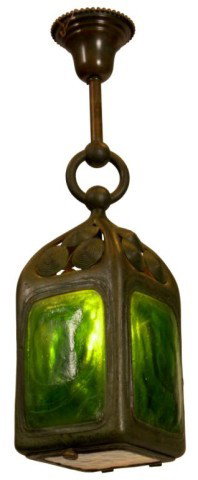 Tiffany Studios Hanging Turtle Back Lantern: Tiffany Studios Hanging Turtle Back Lantern. Square bronze frame has rounded edges, pyramidal top with 3 coils on each side and a spherical finial; at the top of the hanger is a a matching sphere with