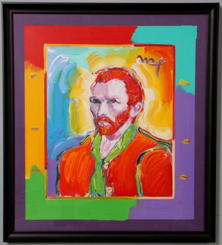 Peter Max Acrylic Seriograph Portrait Van Gogh: Peter Max Acrylic Seriograph Portrait Van Gogh. Colorful mixed media seriograph, acrylic hand painted and artist signed - Max; Verion III number 1, circa 2004, catalog number 132747. Complete with ori