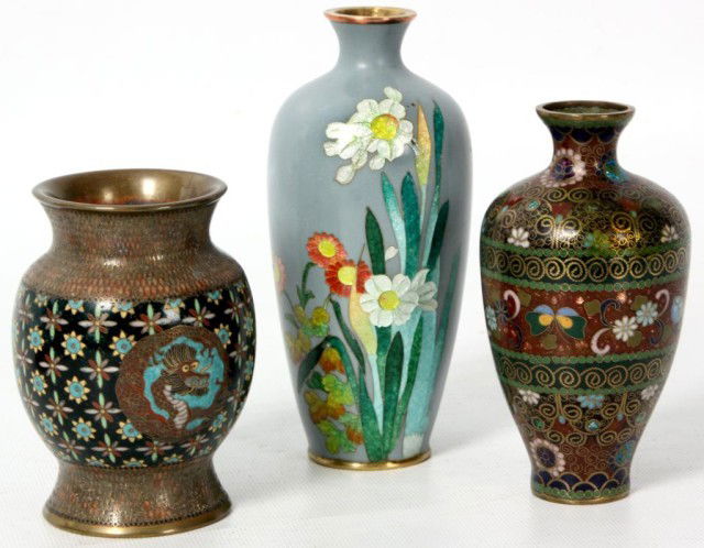 3 Small Cloisonne Vases: 3 Small Cloisonne Vases. 2 Japanese pieces, one has a medallion with a dragon centered in colorful star burst patterns on a black background with petite fish scale borders above and below; the other i