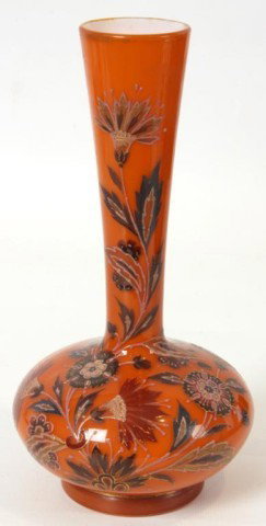 Attr: Stevens and Williams Art Glass Bud Vase: Attributed to Stevens and Williams Art Glass Bud Vase. Orange cased glass vase, bulbous at the bottom with a long thin trumpeted neck; The vase is enamel decorated on the front with flowers and leaves