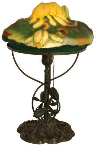 Pairpoint Puffy Yellow Lotus Table Lamp: Pairpoint Puffy Yellow Lotus Table Lamp. Fine domical puffy shade centered with a yellow lotus flower and buds, on a leafy green background with some orange highlights; 10 in. diameter, signed. On a s