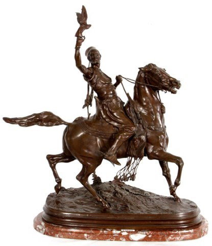 P. J. Mene Bronze "The Falconer": Pierre Jules Mene (1810-1879, France) Bronze "The Falconer". One of the most noted works by Mene ; the Arabian man is seated on his stallion, his right arm is reaching to the sky as he releases a falc