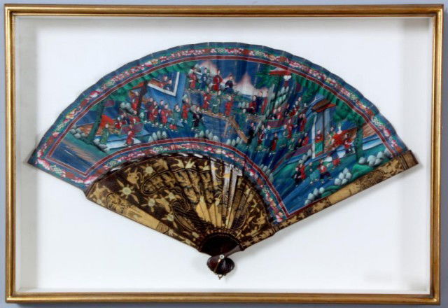 Oriental Decorated Fan in Case: Oriental Decorated Fan in Case. Circa 1880, ebony wood base with gilt decoration and hand painted country scene panel. fan is 22 in. wide when open. ((( EDIT ONLY TO ADD LIVE HELP )))