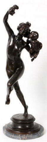 F. MacMonnies Bronze Bacchante and Infant Faun: Frederick William MacMonnies (1863-1937) Bronze Sculpture Bronze Bacchante and Infant Faun. The woman stands in a cheerful pose holding a baby. Signed and dated on base. 34 in. high.