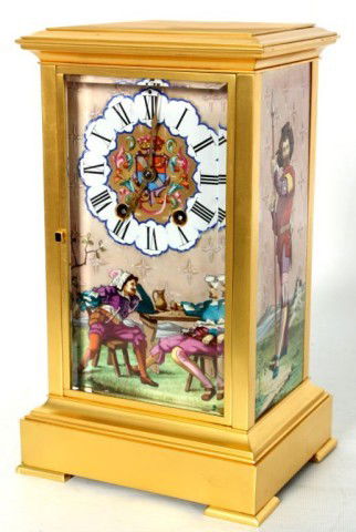 Porcelain Paneled French Crystal Regulator: Porcelain Paneled French Crystal Regulator. Squared gilt brass case with beveled glasses; porcelain dial with colorful French shield in the center, black Roman numerals and a scene with two men seated