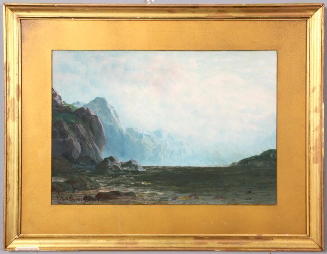 Robert Burns Wilson W/C Landscape: Robert Burns Wilson W/C Landscape. The scene looks out from the edge of a cliff across blue mountainous touraine. In excellent condition, signed lower left. 15 in. x 22 in.