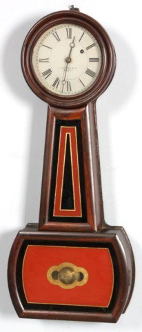 E. Howard No. 5 Banjo Clock: E. Howard No. 5 Banjo Clock. 7 in. dial, black Roman numerals, black open moon hands, signed E. Howard & Co. Boston, original brass No. 5 movement, recoil escapement, etched brass bob and wood stick. 