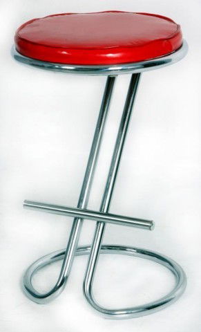 Gilbert Rohde "Z" Stool -Troy Sunshade: Gilbert Rohde "Z" Stool -Troy Sunshade. Chromed metal frame with round base and seat, 2 bar angled support; all original, red/orange synthetic seat, original finish tag on bottom - made by The Troy Su