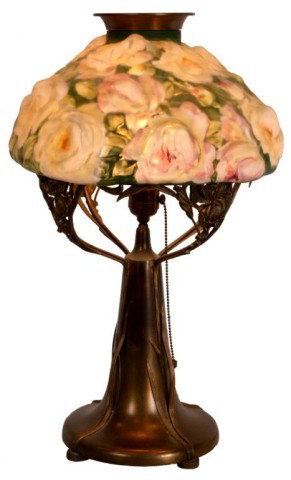 Pairpoint Puffy Open Rose Table Lamp: Pairpoint Puffy Open Rose Table Lamp. 10 in. Rose Bouquet puffy shade reverse painted with large blooming white roses with pink and yellow highlights, on a deep green leafy background, signed shade, h