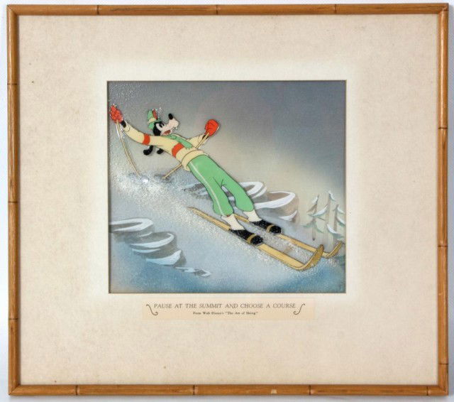 Disney's Celluloid Cell Painting Art of Skiing: Disney's Celluloid Cell Painting Art of Skiing. Titled - Pause At The Summit And Choose A Course - From Walt Disney's - The Art Of Skiing collection. A painted alpine winter background, the figural ce