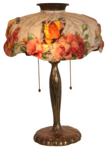 Pairpoint Puffy Papillon Table Lamp: Pairpoint Puffy Open Top Papillon Table Lamp. 14 in. Puffy shade reverse painted with alternating clusters of red roses and dogwood flowers with green leaves around the lower rim, each cluster is topp