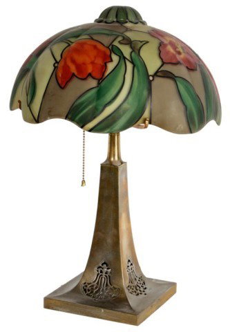 Pairpoint Floral Painted and Enamel Table Lamp: Pairpoint Floral Painted and Enamel Table Lamp . 13 in. domical ribbed form shade has a raised dome top and an irregular lower border, reverse painted with open red flowers with stems and leaves wrapp