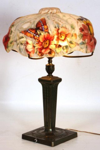 16" Pairpoint Puffy Papillion Table Lamp: Closed top shade is reverse painted on two sides with a pair of red roses and on two sides with a pair of red poppy flowers, each with a large colorful butterfly with enameled embellishments on a whit