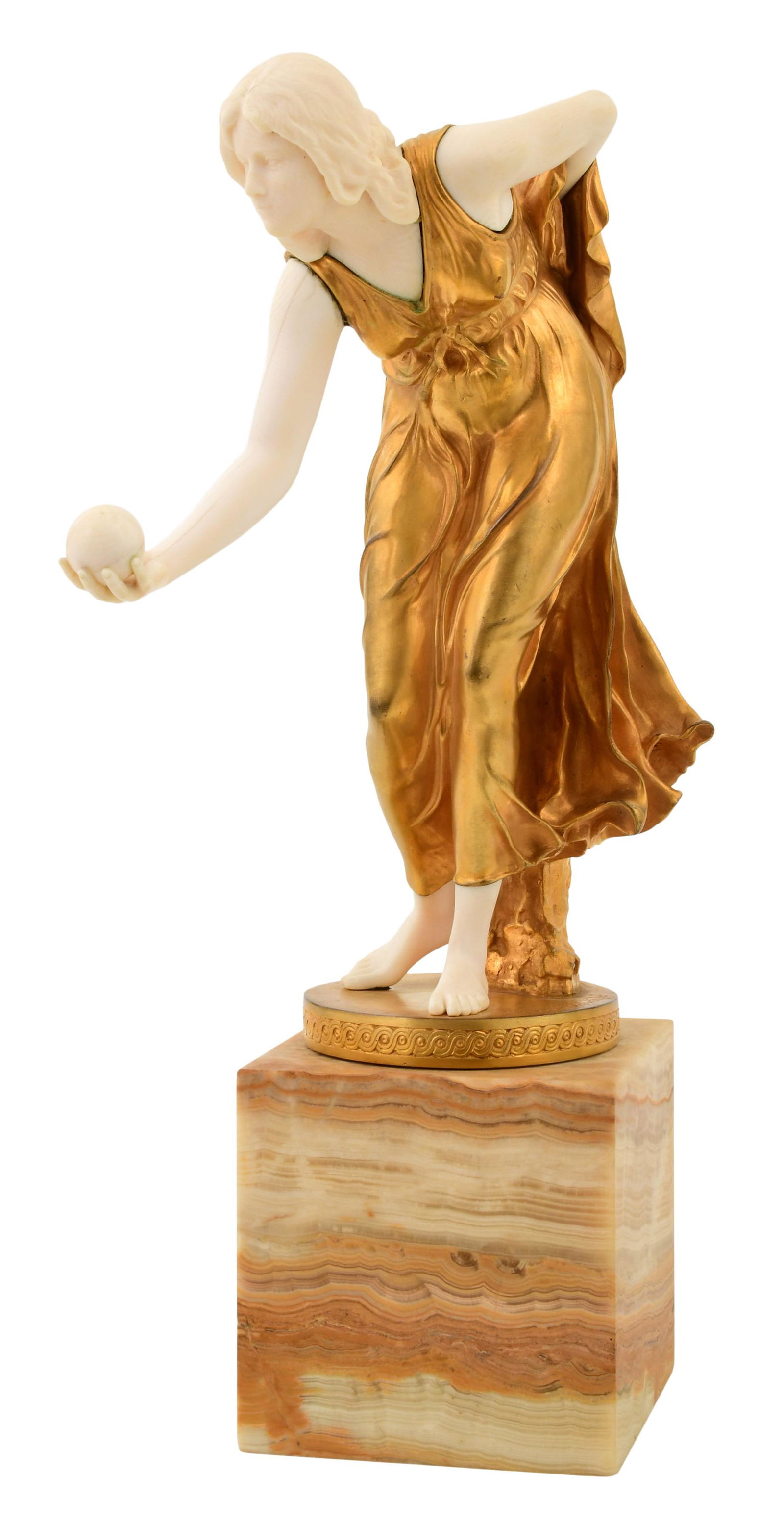Walter Schott (German, 1861-1938), "Kugelspielerin": Walter Schott(German, 1861-1938)"Kugelspielerin"gilt bronze sculpture, marble basesigned "Walter Schott, fec."14 x 4 1/4 x 7 inchesThe sculpture depicting a woman in draping garments holding a ball.