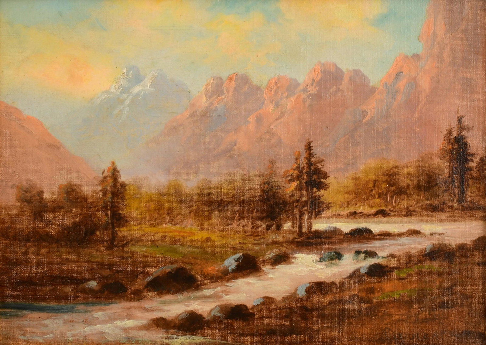 Manner of Albert Bierstadt (American, 1830-1902), Landscape: Manner of Albert Bierstadt(American, 1830-1902)Landscapeoil on canvassigned with spurious signature (lower right)9 3/4 x 13 3/4 inches (sight)14 x 18 inches (frame)