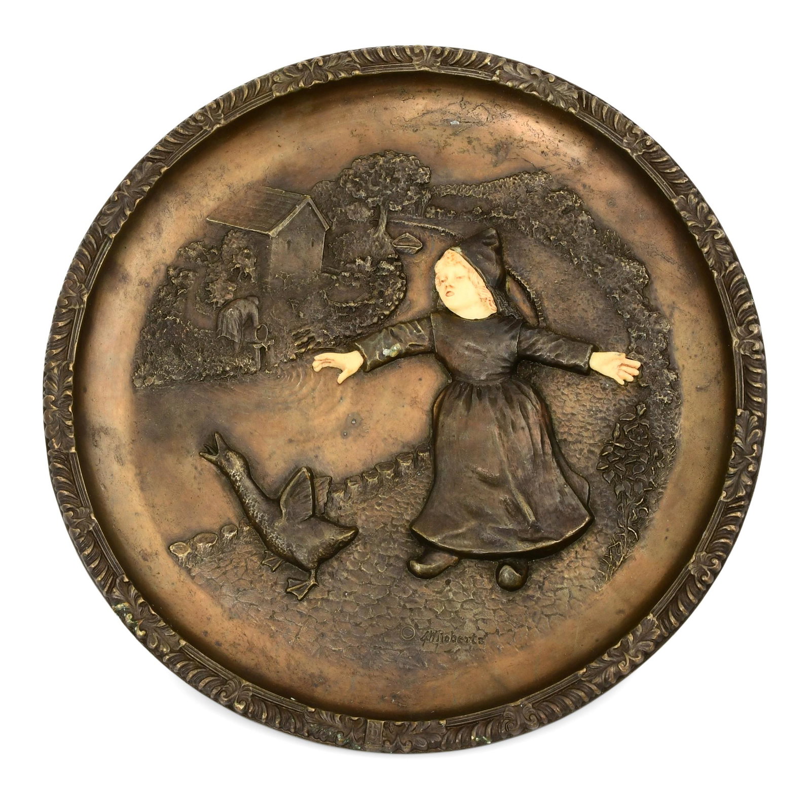 Patinated Bronze Plate with a Girl & Goose (1 of 6)
