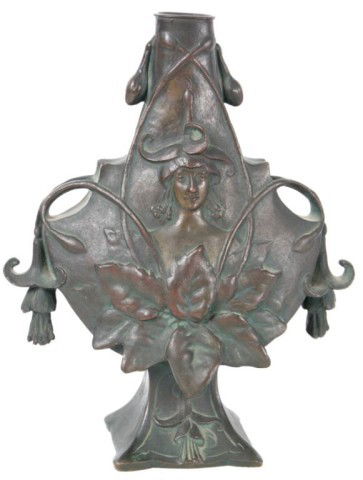 Jules Jouant Bronze Nouveau Vase: Jules Jouant French Bronze Nouveau Vase. Fine design having a maiden's bust on the front with surrounding nouveau flowers and leaves. Signed Jouant; 8 in. High