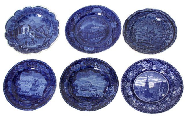 6 Staffordshire Flow Blue Plates: 6 Staffordshire Flow Blue Plates. Various scenic plates signed on base, excellent condition. 10 in. Dia.