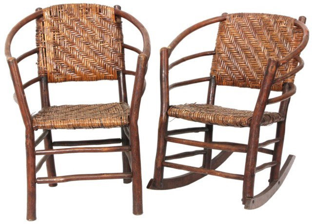 Signed Old Hickory Armchair & Rocker: Signed Old Hickory Three Hoop Armchair & Rocker. Both are in excellent condition. Signed with brand mark. 35 in. x 25 x 22.