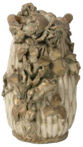 Large Amphora Decorated Vase: Large Amphora Decorated Vase. A beige basket weave form decorated with a hanging cluster of rose branches and flower buds. Has some losses to the leaves and petals. 14 in. High