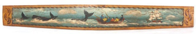 Hand Painted Barrel Stave: Hand Painted Barrel Stave. 33 in. Long oak stave hand painted on the front with a nautical whaling scene, artist signed E. Dean. Attributed to turn of the century folk artist Elizabeth Dean, in excell