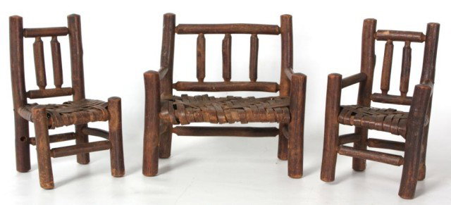 3 Pc. Adirondack Doll Set: 3 Pc. Adirondack Doll Set. Settee, sidechair and armchair; in excellent condition and original finish, sidechair is missing one side stretcher. 8.5 in. High