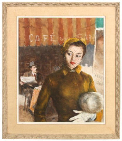 Pal Fried O/C Painting - Maxine: Pal Fried (1893-1976, NY, Hungary) O/C Painting Titled Maxine. This portrait of Maxine shows her standing in front of a cafe wearing an elegant brown coat and veil. Signed upper left Fried Pal. In exc