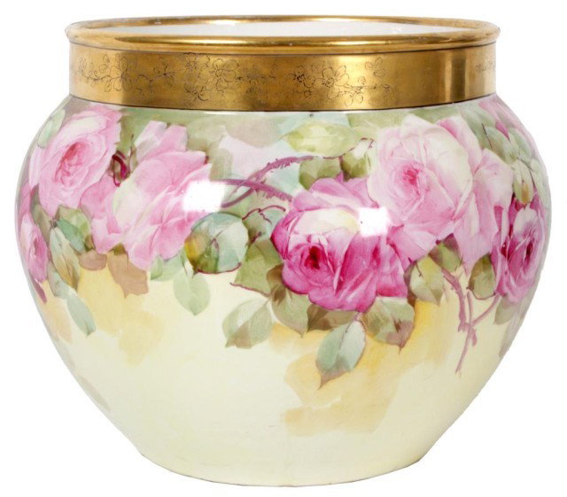 Jacques Pouyat Limoges Jardinier: Jacques Pouyat Limoges Jardinier. Large decorated jardinier with painted pink roses and surrounding leaves on a yellow background, has a fancy gold rim. Signed with a green stamp, JP, over L, over Fra