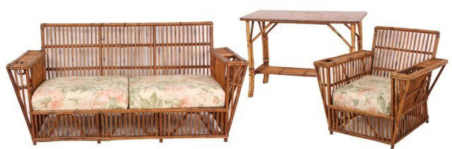 3 Piece Natural Split Reed Parlor Suite: 3 Piece Natural Split Reed Parlor Suite. Large settee has a magazine rack in one arm and cup holder in the other, with exaggerated tapering arm supports; matching armchair (31 in. High x 35 x 29) and 