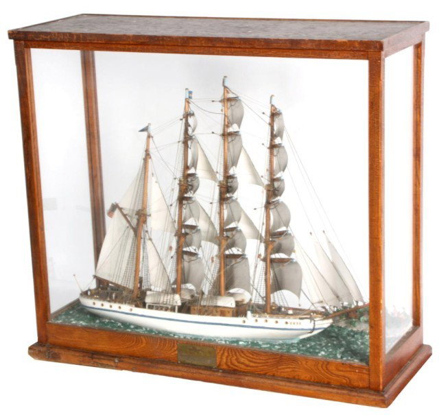 SS Rose Ship Model by Sauter: SS Rose Ship Model by Sauter. Large model of the sailing ship The S.S. Rose, designed in 1944 by Charles Sauter. In a wonderful oak museum display case. Excellent condition. 32 in. High x 37 x 14