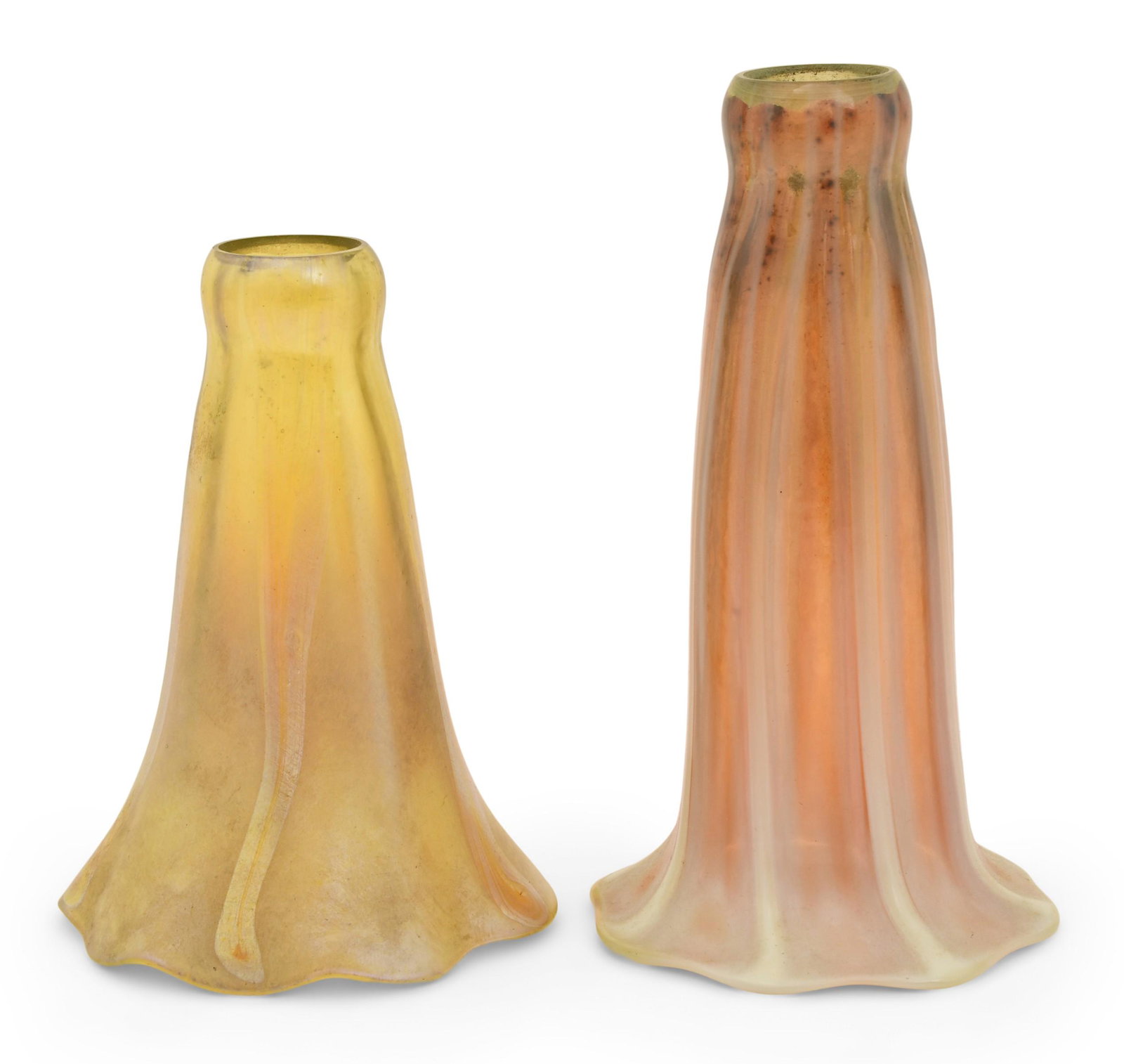 Two Tiffany Studios Favrile Glass "Lily" Shades: Tiffany Studios Two "Lily" Shades circa 1910 Favrile glass each engraved "L.C.T." 5 1/4 x 3 inches (largest)