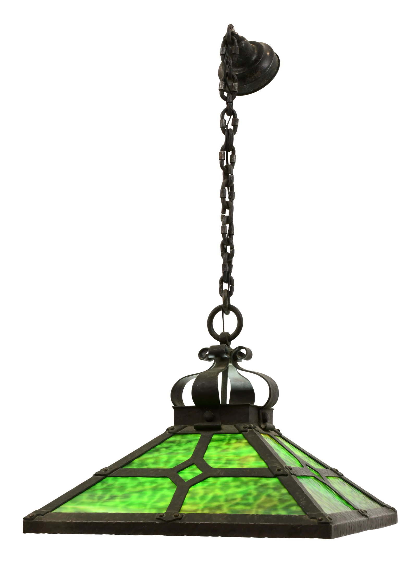 American Arts & Crafts Patinated Bronze & Green Glass Chandelier: American Arts & Crafts Patinated Bronze & Green Glass Chandelier early 20th century 42 x 22 1/2 x 22 1/2 inches