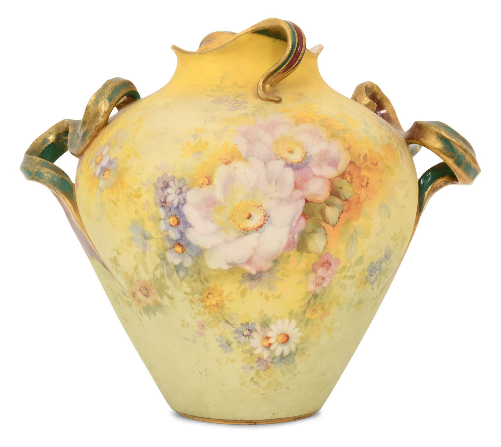 Royal Bonn Porcelain Floral Vase: Royal Bonn Porcelain Floral Vase late 19th century decorated with green and gilt leaves wrapping around the shoulder and hanging from the rim, the body with colorful painted flowers and green leaves, 