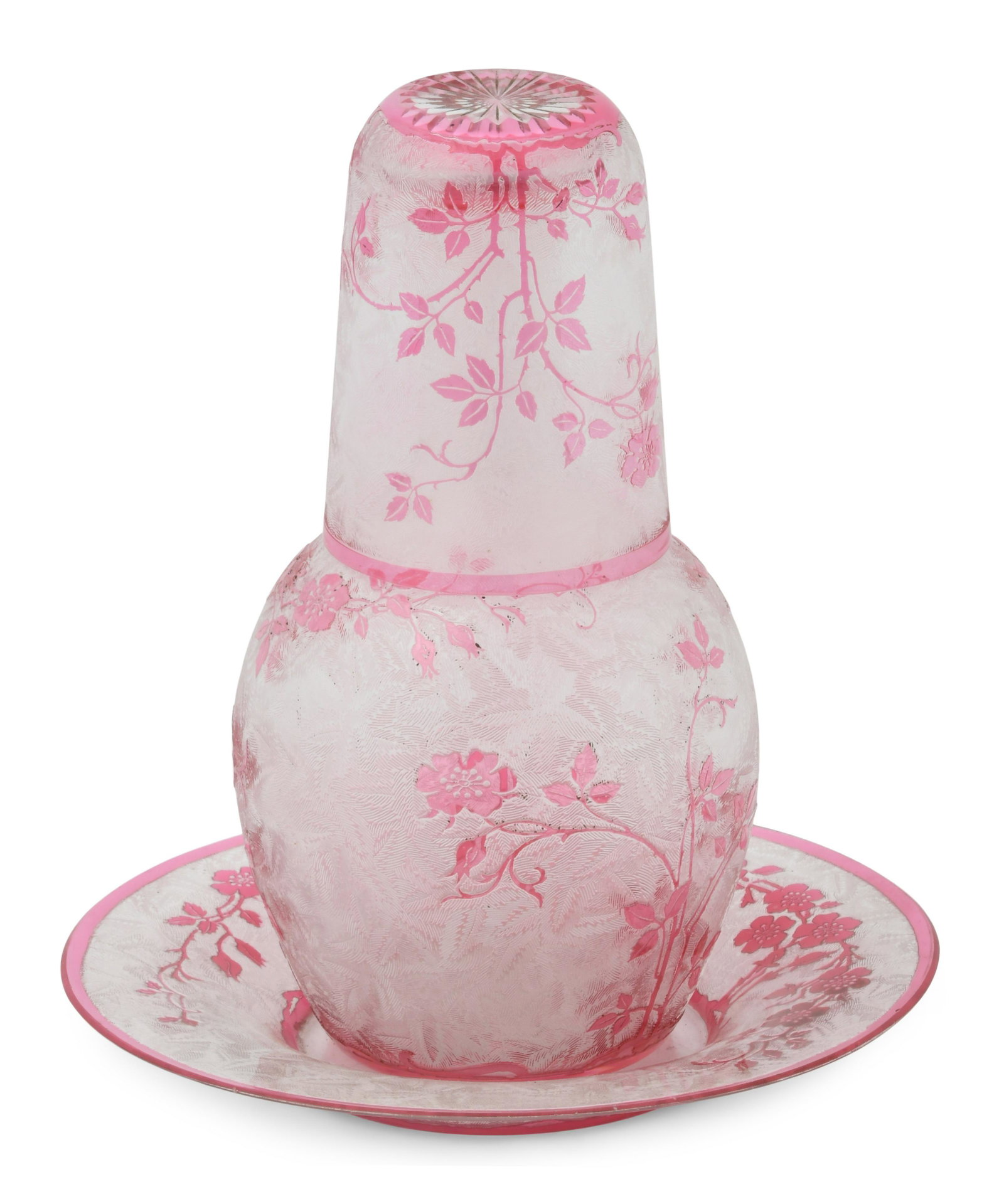 Baccarat "Eglantier" Crystal Tumble-Up Set: Baccarat "Eglantier" Crystal Tumble-Up Set early 20th century comprising a tumble-up, underplate and a glass 7 1/2 x 4 inches (tumble-up) 7 1/4 in. diameter (plate)