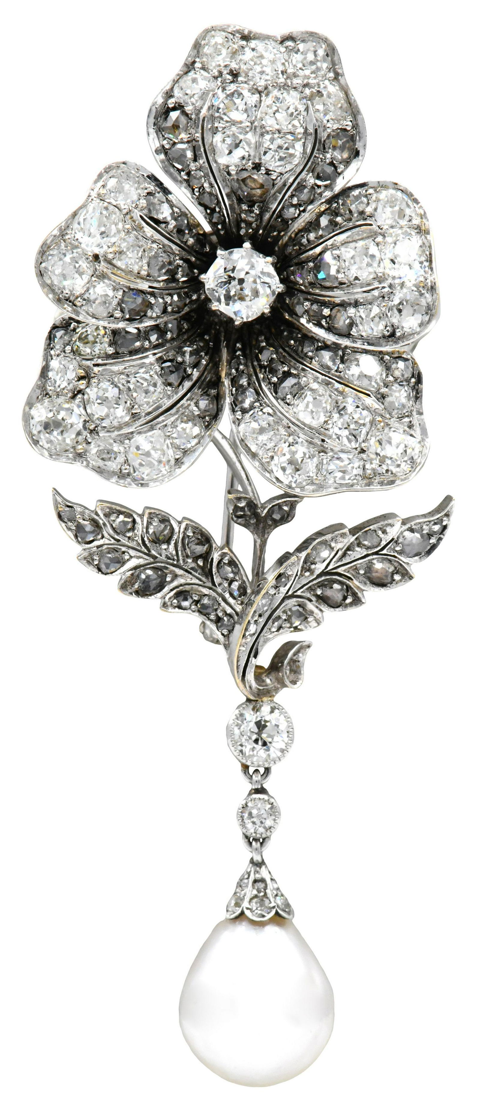 Platinum, 4.74 Carat Diamond & Pearl Flower Brooch (1 of 2)