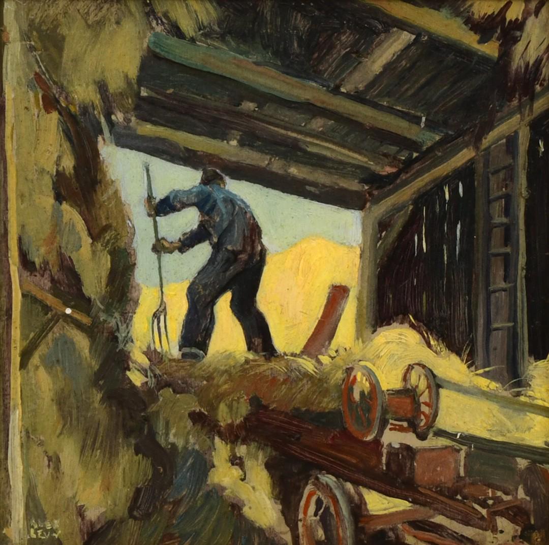Alexander Oscar Levy (American, 1881-1947), Barn Interior with Man Shoveling Hay (1 of 6)
