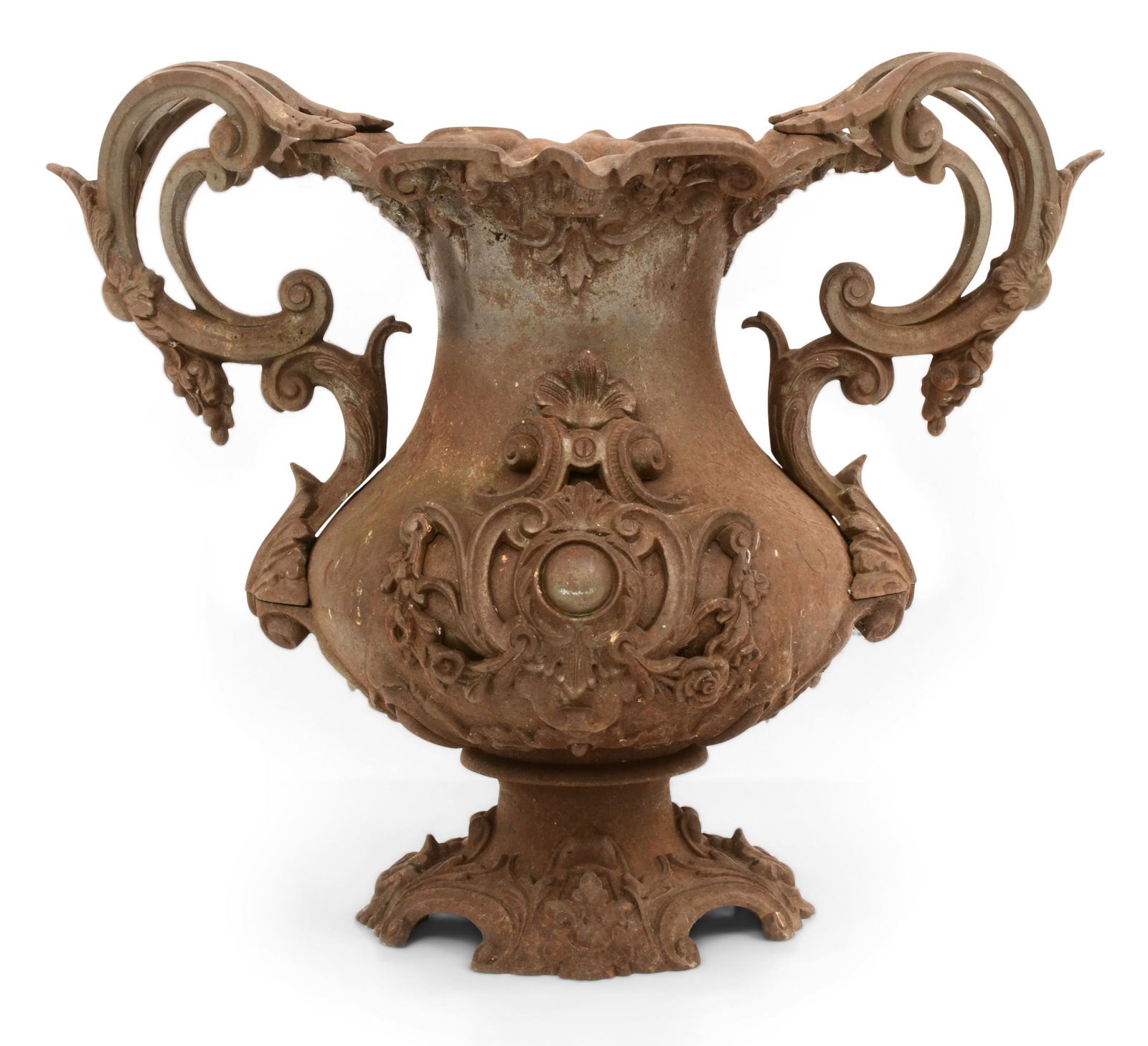 French Cast Iron Vase by Alfred Corneau: French Cast Iron Vase by Alfred Corneaulate 19th centurythe vase with an overhanging foliate rim above a baluster-form body cast with scrolling cartouches and applied with a pair of scrolled handles,