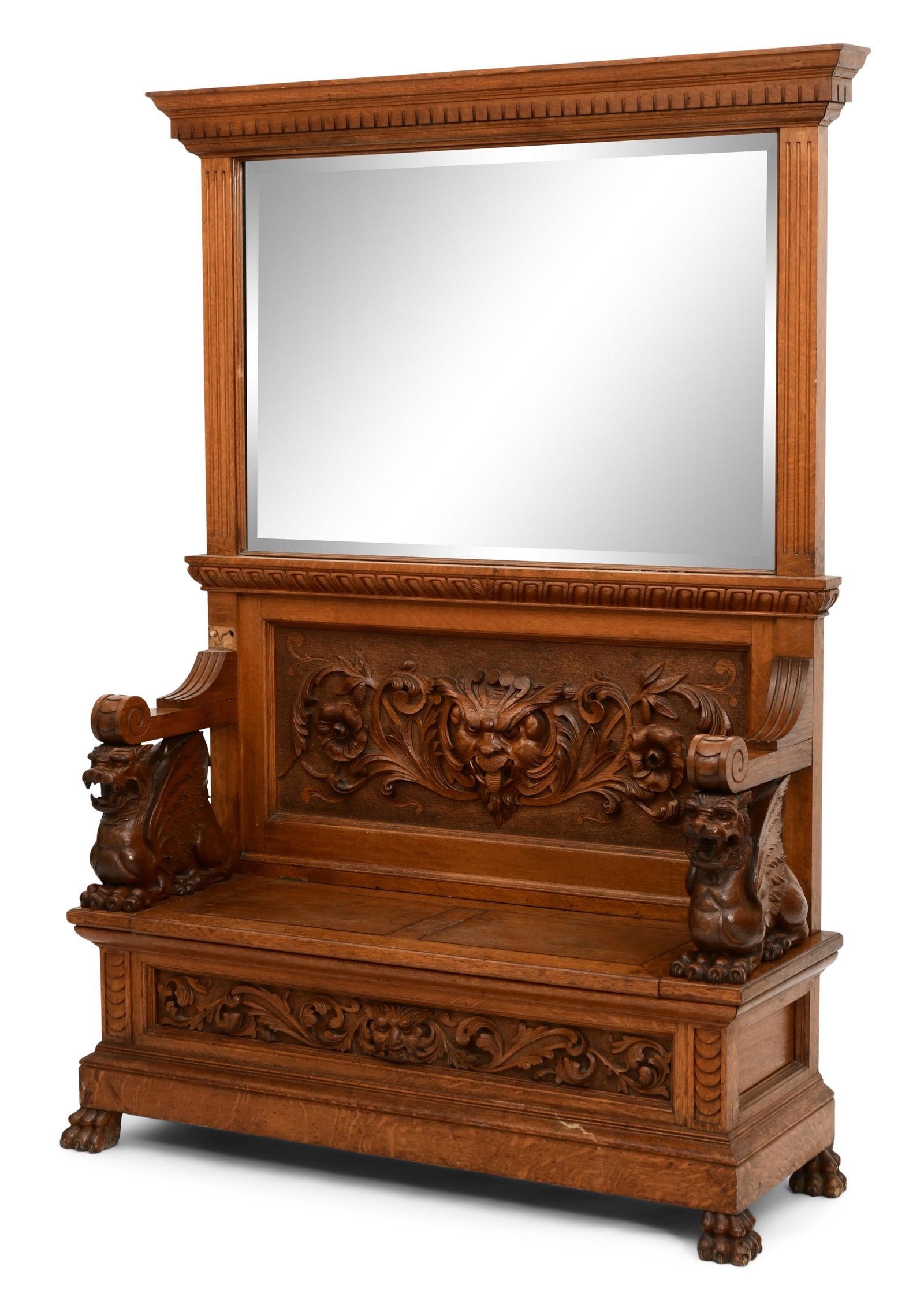 American Carved Oak Hall Bench with Griffins (1 of 5)