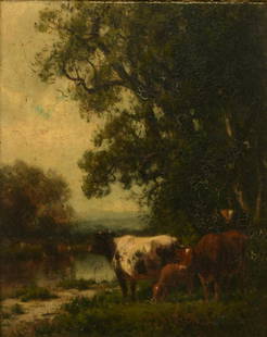 William Hart (American, 1823-1894), Landscape with Cows: William Hart(American, 1823-1894)Landscape with Cowsoil on canvassigned "Wm. Hart" (lower right)10 x 7 3/4 inches (sight)15 1/2 x 13 1/2 inches (frame)