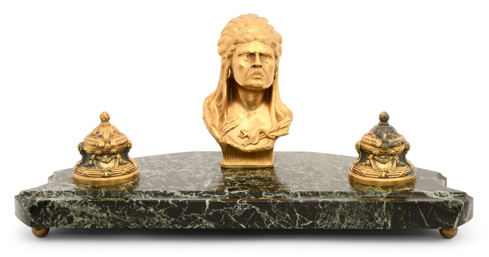 French Gilt Bronze & Marble Inkstand with a Bust of an Indian Chief (1 of 12)