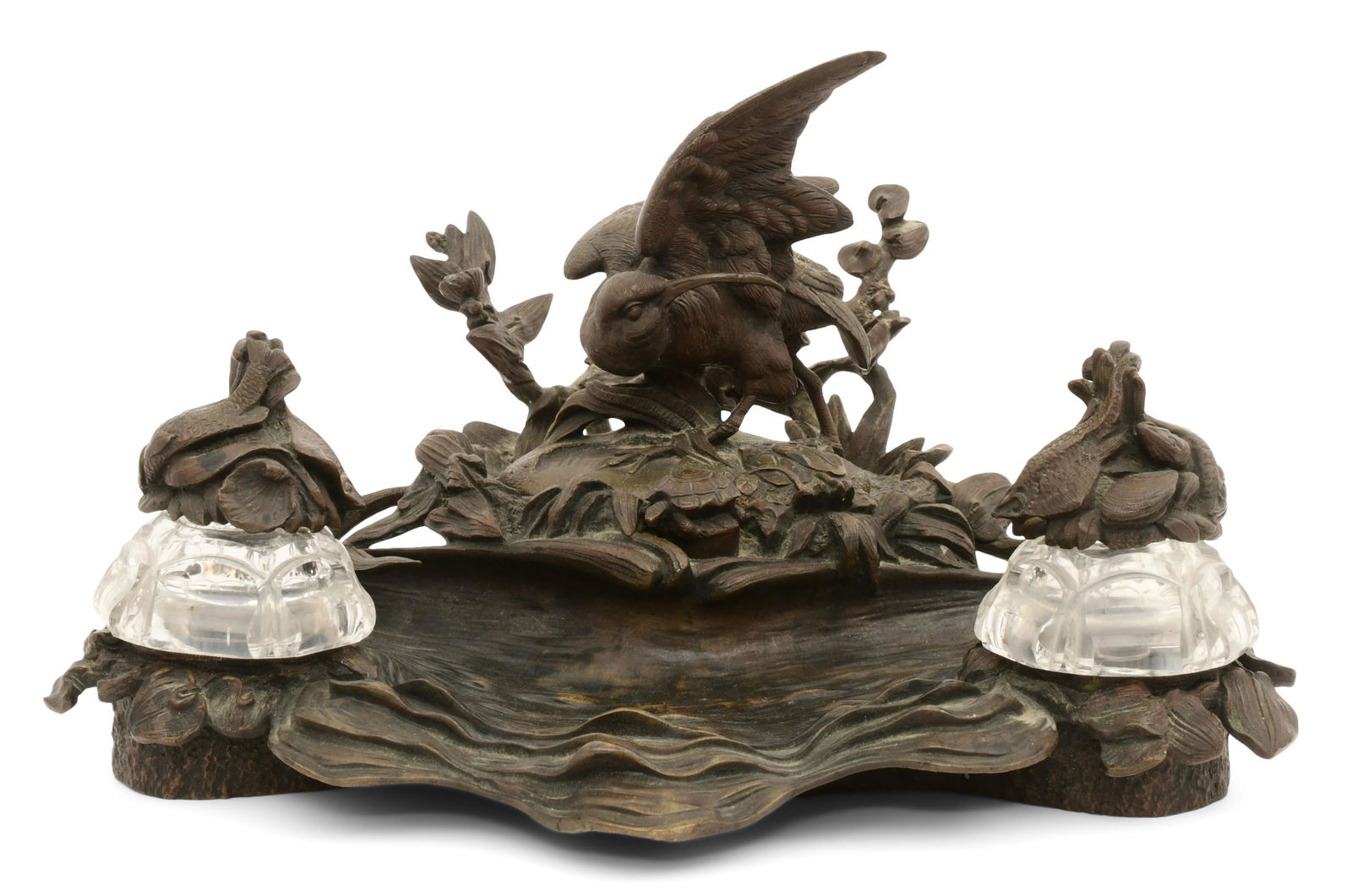 French Patinated Bronze & Cut Glass Figural Inkstand (1 of 8)