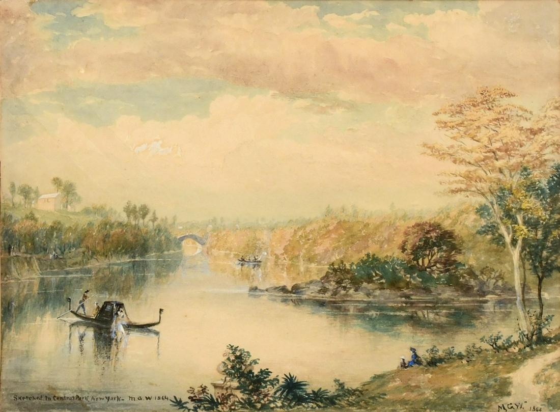Merrill Greene Wheelock (American, 1822-1866), Central Park, New York: Merrill Greene Wheelock (American, 1822-1866) Central Park, New York watercolor on paper insribed "Sketched in Central Park, New York - M.G.W. 1864" (lower left) 9 3/4 x 13 1/4 inches (sight) 19 1/8 x