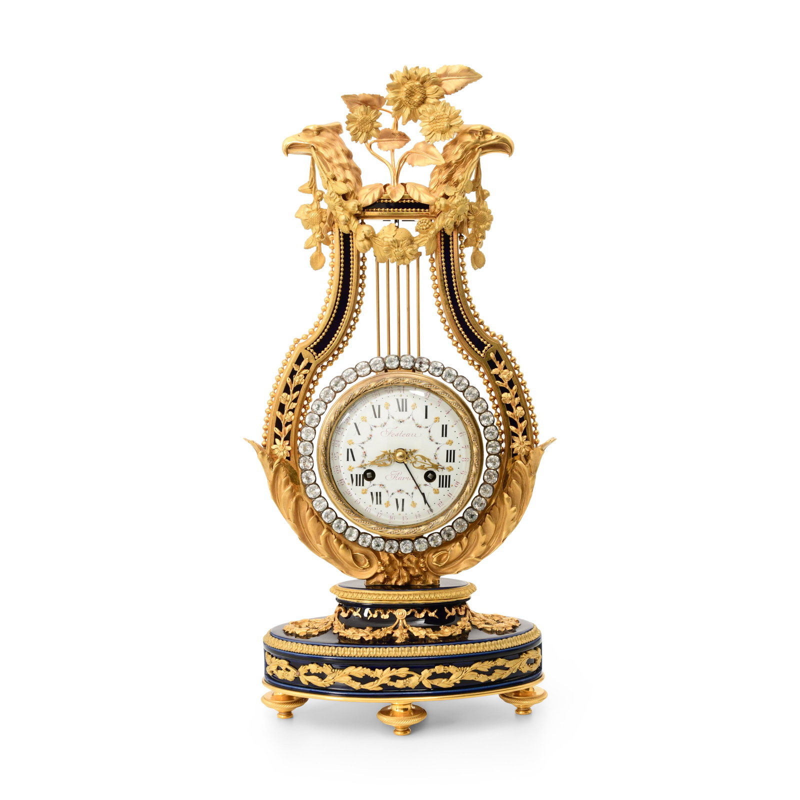 French Louis XVI-Style Gilt Bronze, Porcelain & "Jeweled" Lyre-Form Mantel Clock (1 of 7)