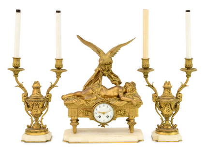 French Gilt Bronze & Marble Figural Clock Garniture, Charles Georges Ferville-Suan (1847 -1925): French Gilt Bronze & Marble Figural Clock Garniture, Charles Georges Ferville-Suan (1847 -1925)early 20th centurythe clock with an eagle and reclined woman, with two matching candelabra with rams head