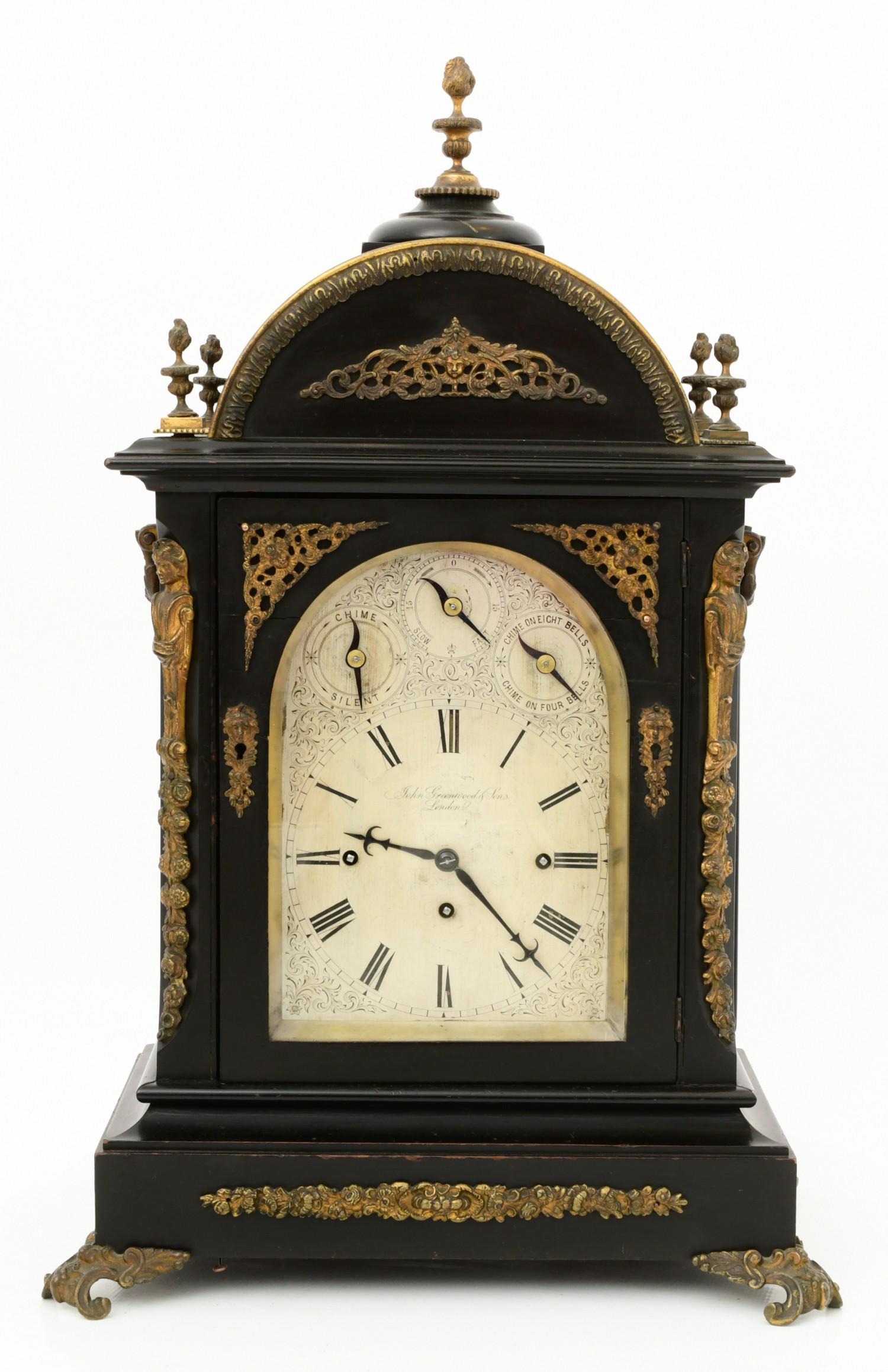 English Triple Fusee Bracket Clock, John Greenwood & Sons, London: English Triple Fusee Bracket Clock, John Greenwood & Sons, Londonmid-19th centurythe ebonized case with gilt bronze mounts of figures and filigree, triple fusee movement with lever repeat quarter hour