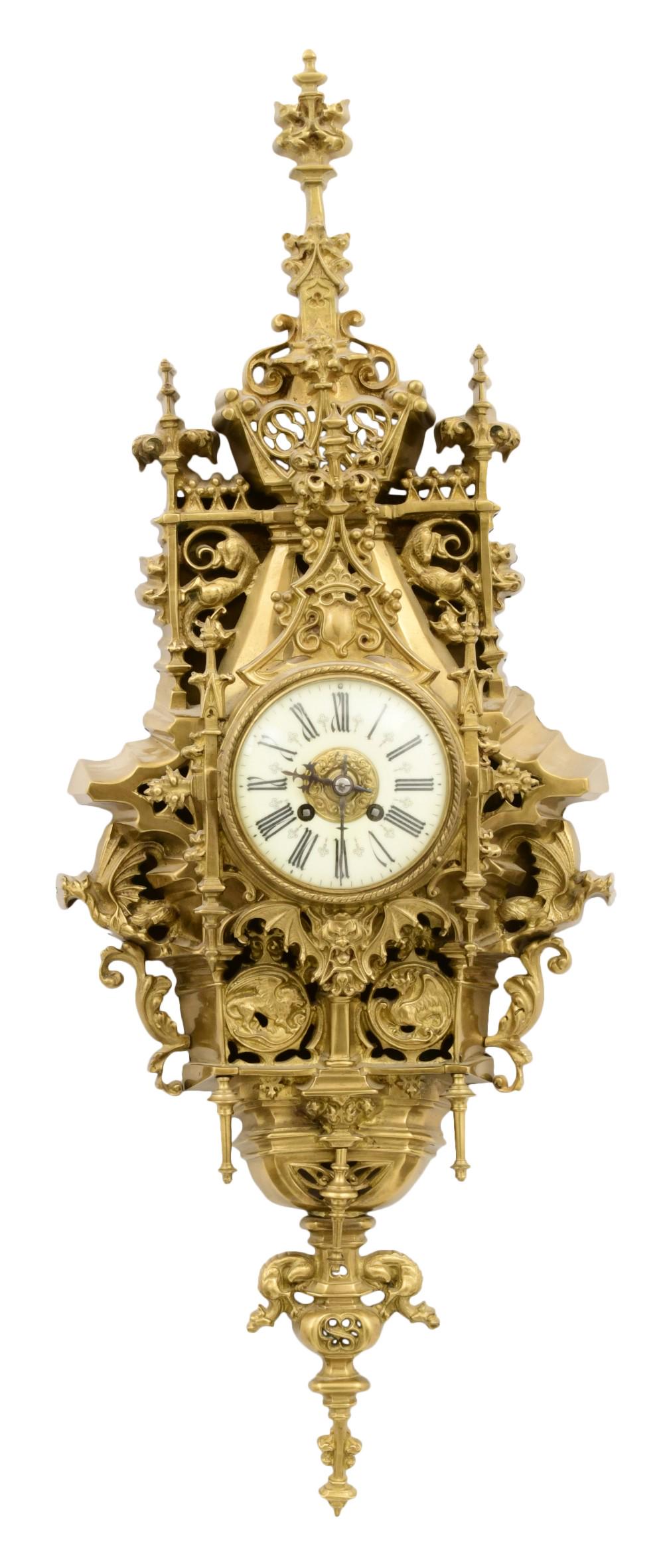 French Gothic Revival Gilt Bronze Cartel Clock (1 of 7)