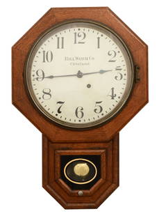 Seth Thomas, Ball Watch Co., Short-Drop Wall Clock: Seth Thomas, Ball Watch Co., Short-Drop Wall Clockcirca May, 1907 (E7091)oak case, 8-day brass time only spring driven movement, signed on the dial and movement, with label inside24 x 17 x 4 1/2 inche