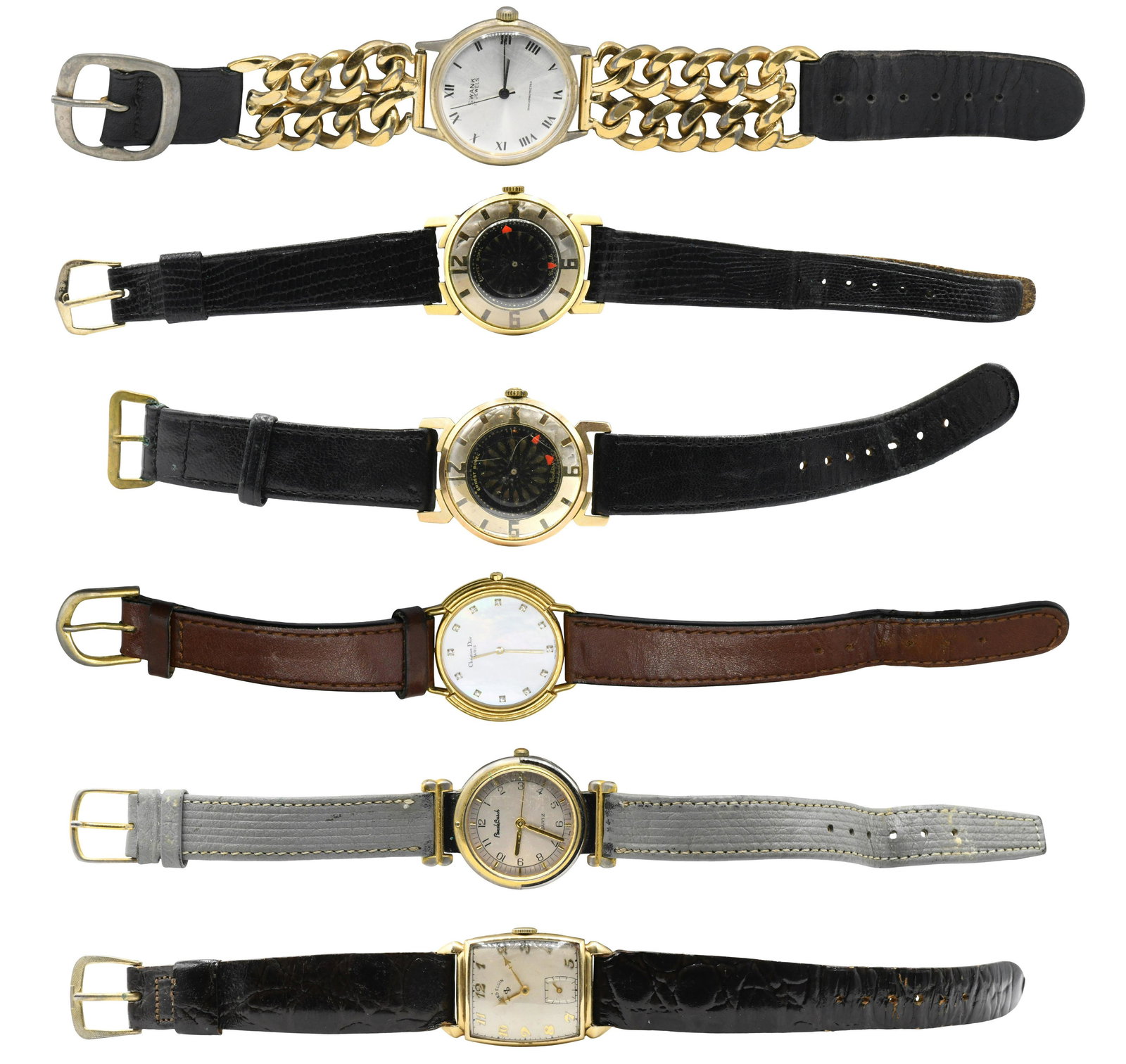 Group of Watches: Group of Watchesï Christian Dior 18K yellow gold plated and stainless steel watch with Mother-of-Pearl dial and single cut diamond hour markersï Swank stainless steel and base metal watch, 1