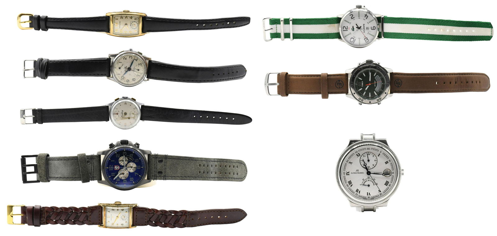 Group of Watches: Group of Watchesï Hamilton 14K yellow gold watchï Lumi Nox stainless steel watch, series 1880ï Alfred Hammel automatic stainless steel watchï Lacoste stainless steel watch, case #4